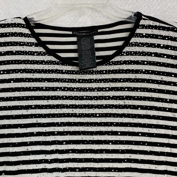 Design History Black White Stripe Top Woman Medium Rhinestones Viscose Knit - Picture 9 of 10